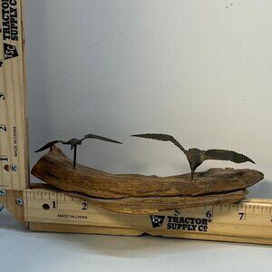Metal Seagull Sculptures on Driftwood Base Nautical Coastal Art 8 Inch Brown